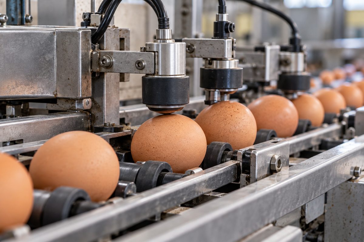 Automated acoustic crack detection sensors inspecting shell resonance and microscopic integrity on the grading line.