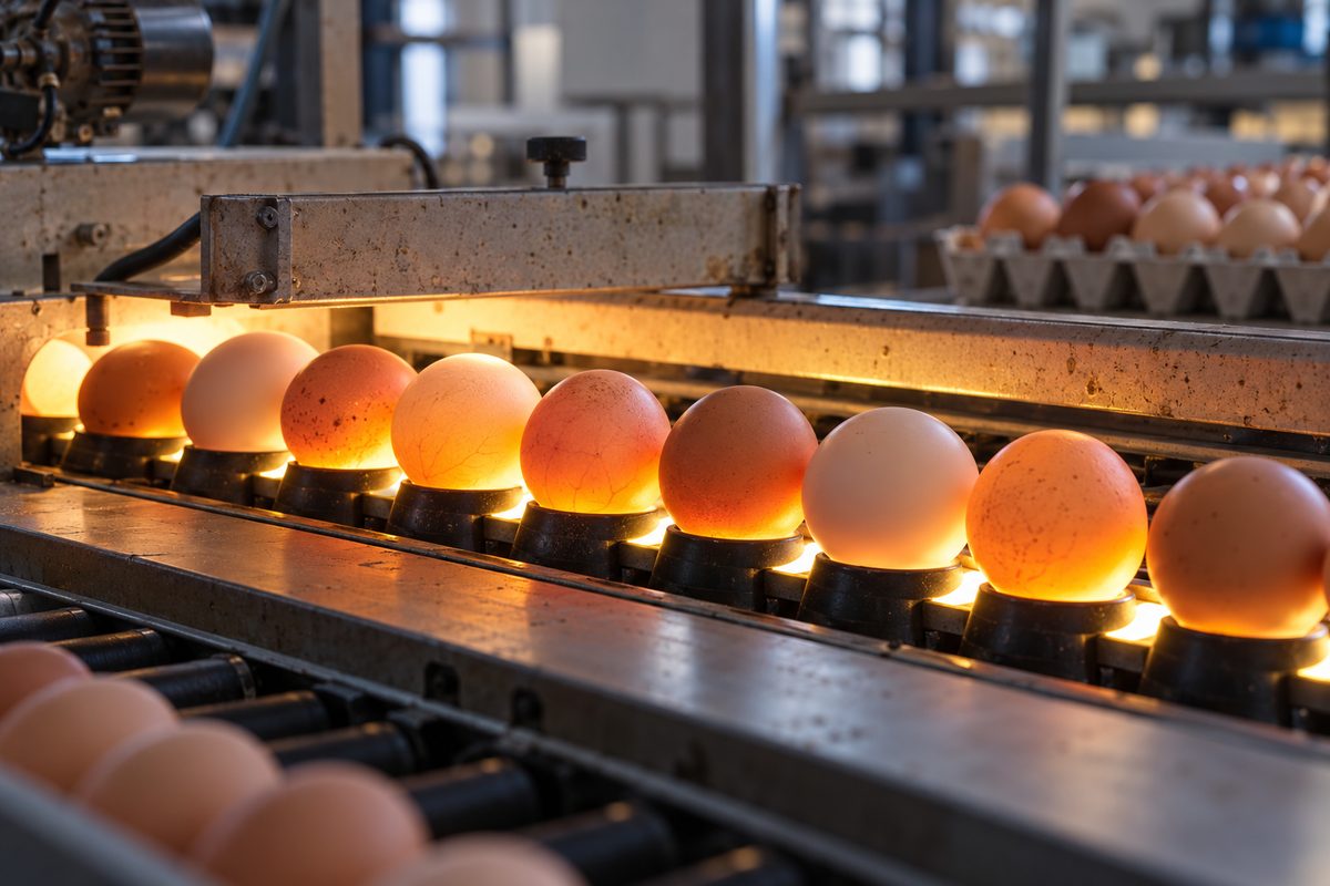 Backlit egg candling inspection station examining internal egg quality and shell wall integrity.