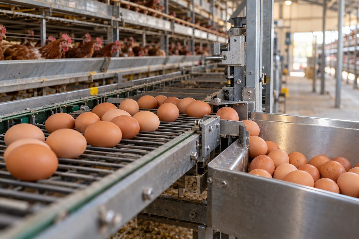 Automated egg collection conveyor belt transporting fresh shell eggs inside a commercial poultry house.