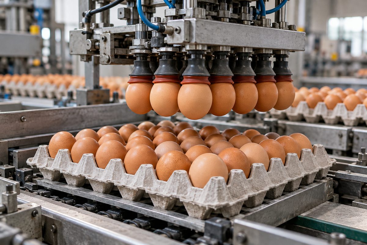Automated egg packaging machinery packing graded shell eggs into commercial wholesale flats.