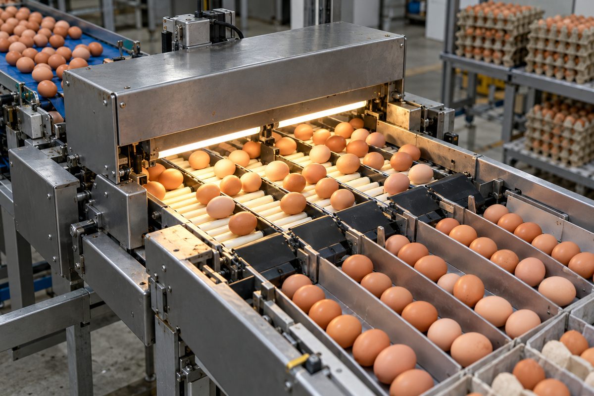 Industrial optical egg grading and sorting conveyor line sorting shell eggs by weight and grade.