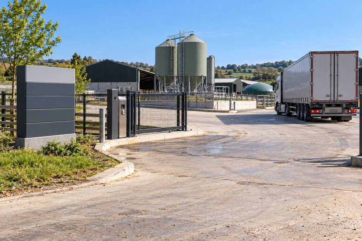 Commercial biosecurity entrance gate and carrier dispatch apron at 323 Lawrence Rd. 123 in Ravenden, Arkansas.