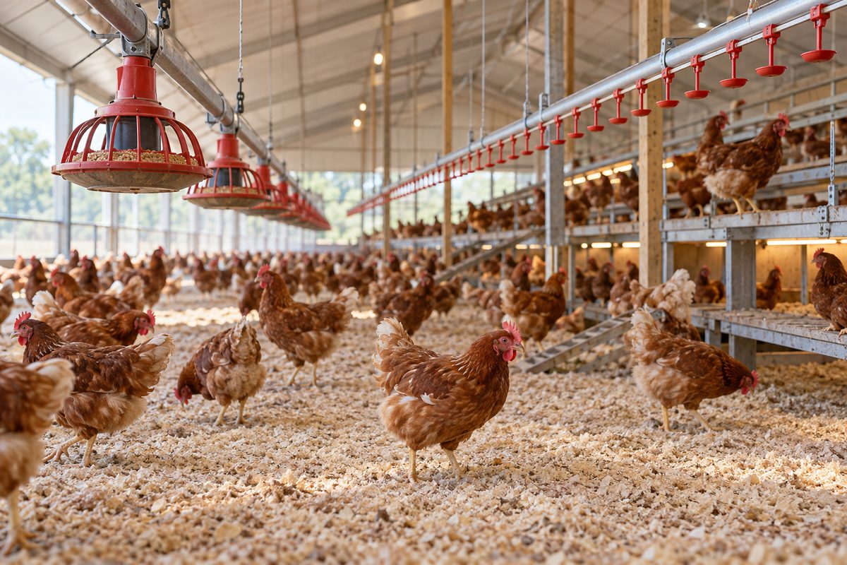 Interior of a ventilated poultry house featuring automated auger feeding lines and nipple drinkers.