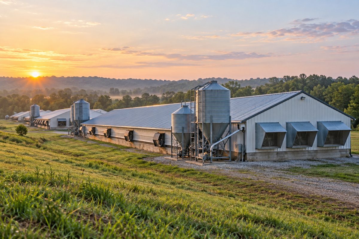 Commercial poultry barns and feed silos on the farm grounds in Lawrence County, Arkansas.