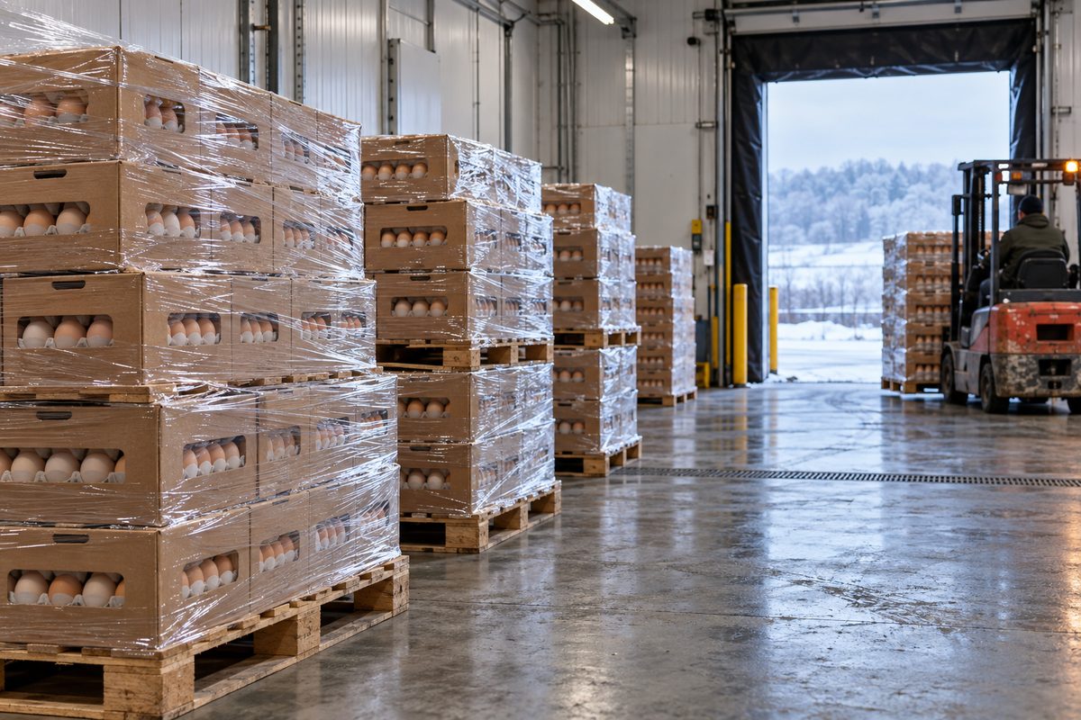 Refrigerated egg dispatch bay with shrink-wrapped palletised cases staged for commercial transport.